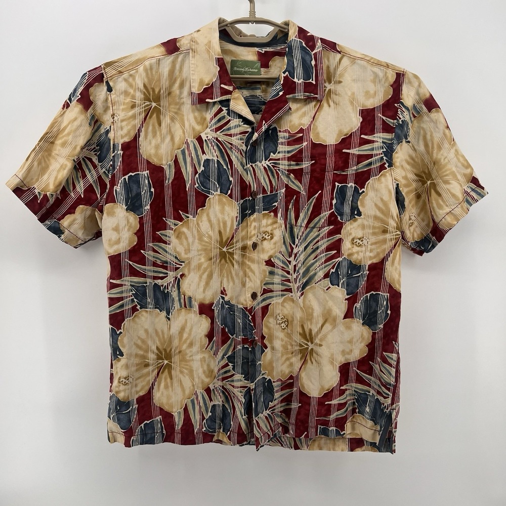 Tommy Bahama Hawaiian Shirt  Men's Large Linen Silk Blend Hibiscus‎ Camp